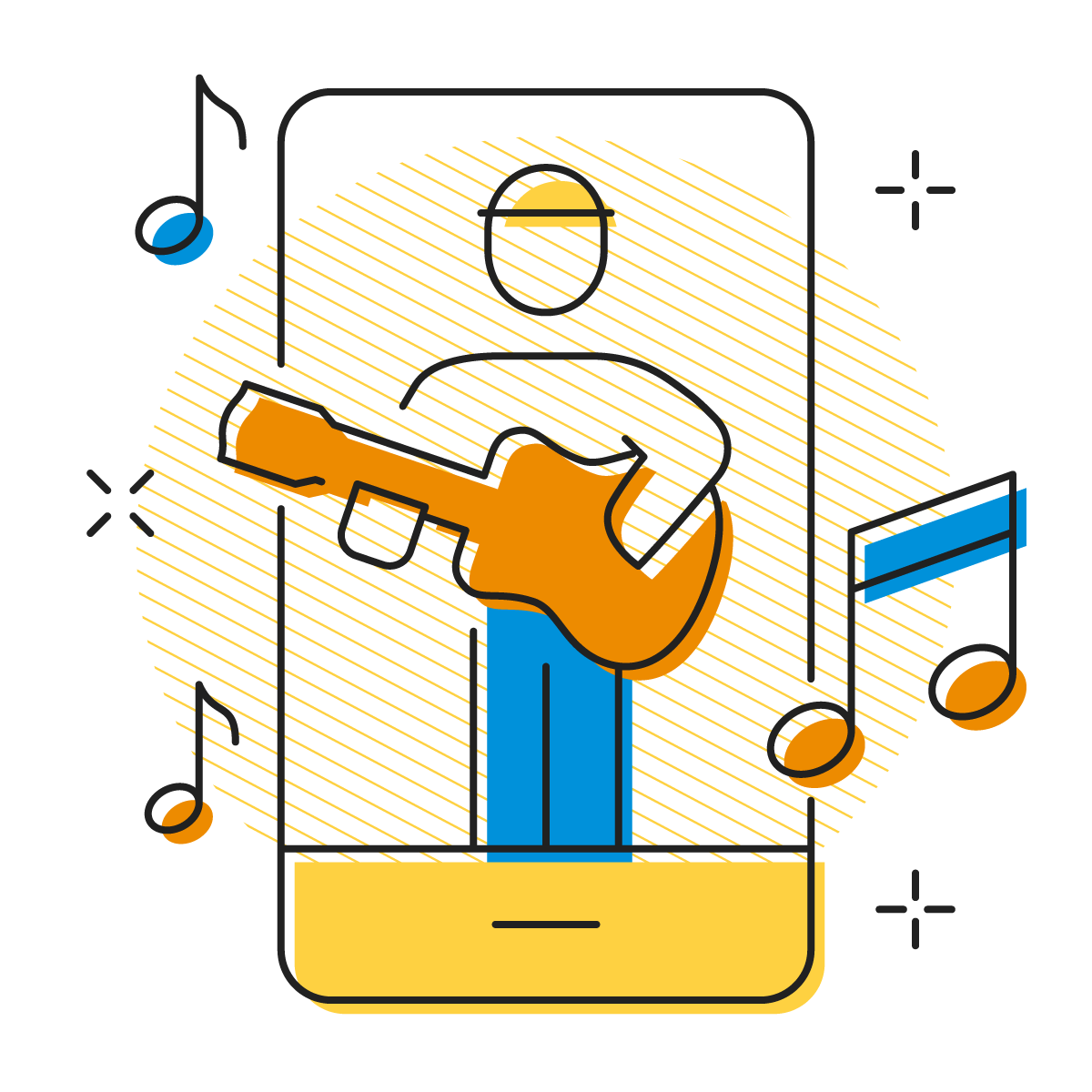 Illustration of guitar player over a smart phone