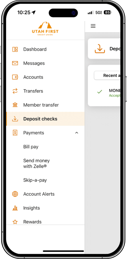 Phone with mobile banking screenshot