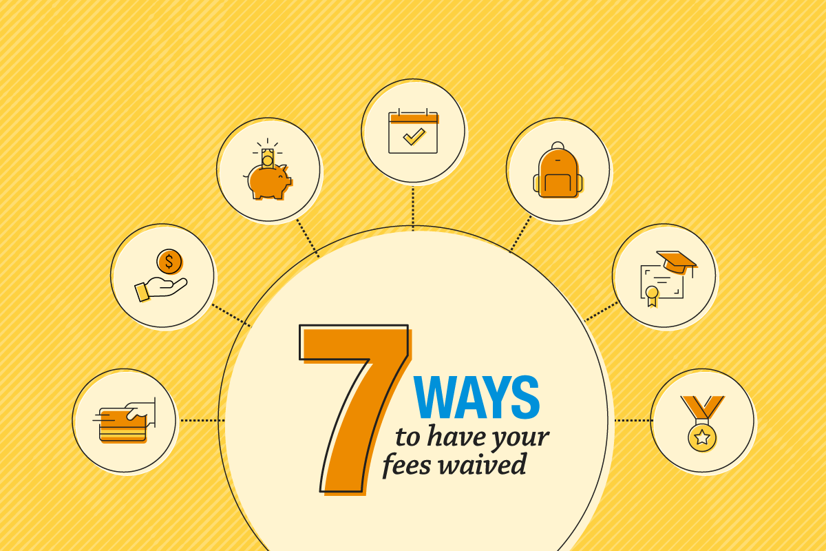 graphic image with text saying "7 ways to have your fees waived"