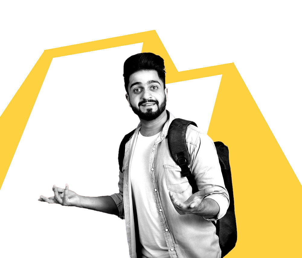 Student on yellow logo background, laid back guy with backpack