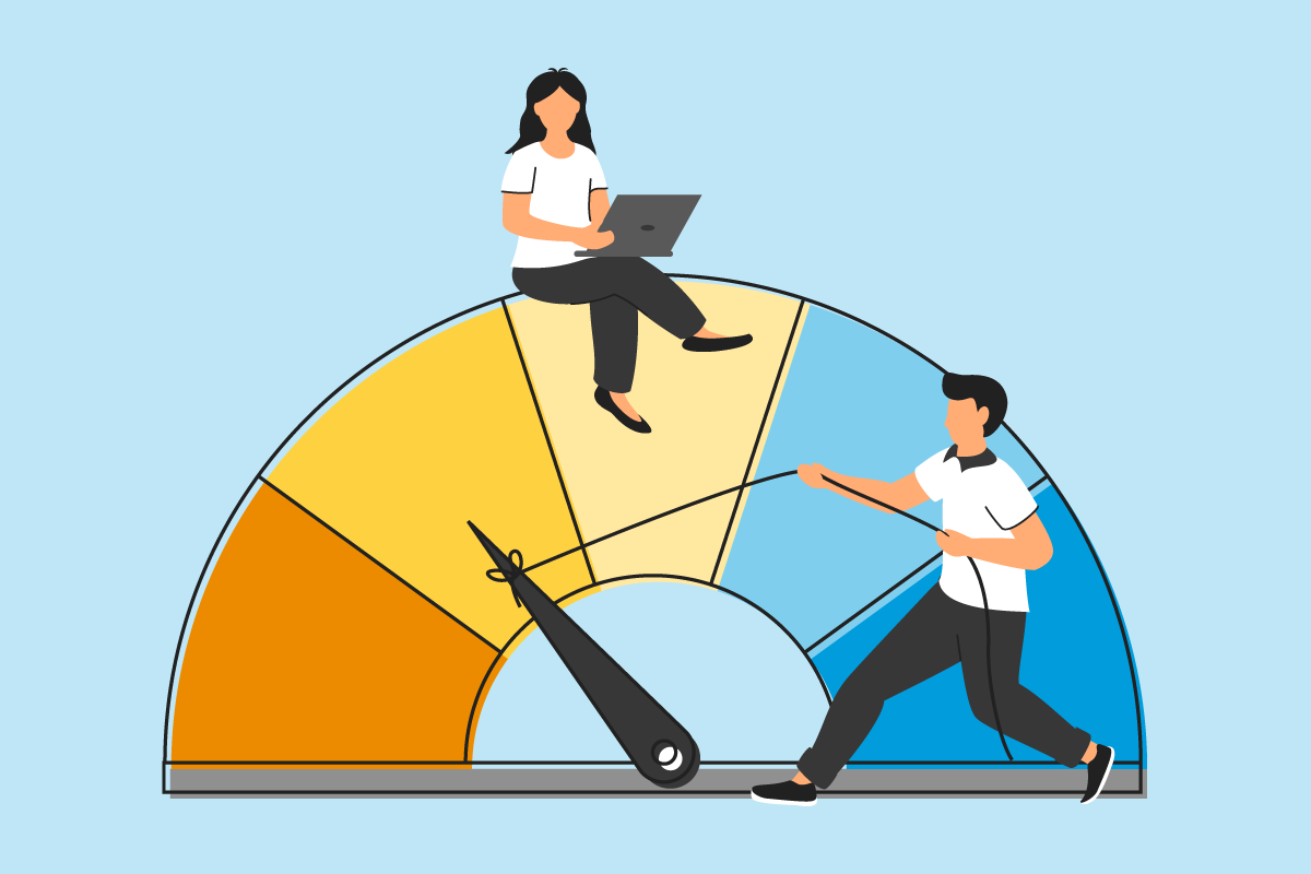 Illustration of man and woman with credit score meter
