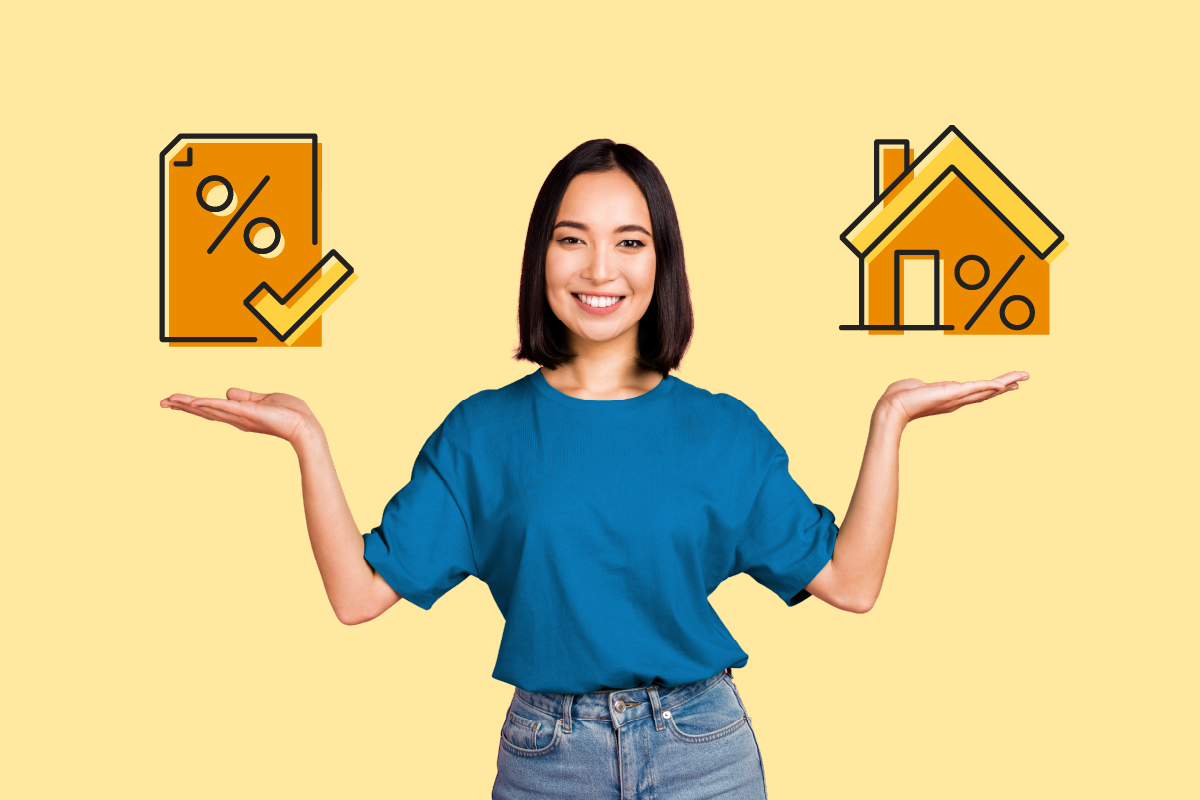 Woman with illustration comparing HELOCs with home refinancing