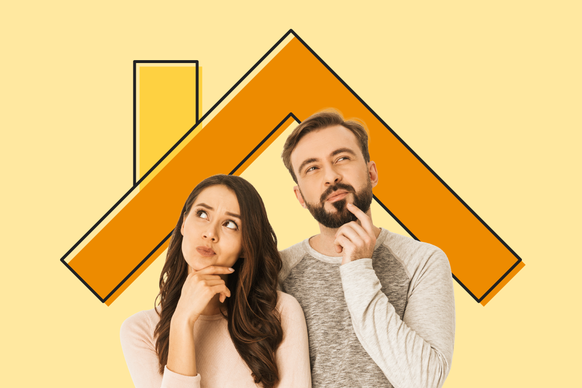 Couple in front of illustrated home considering refinancing