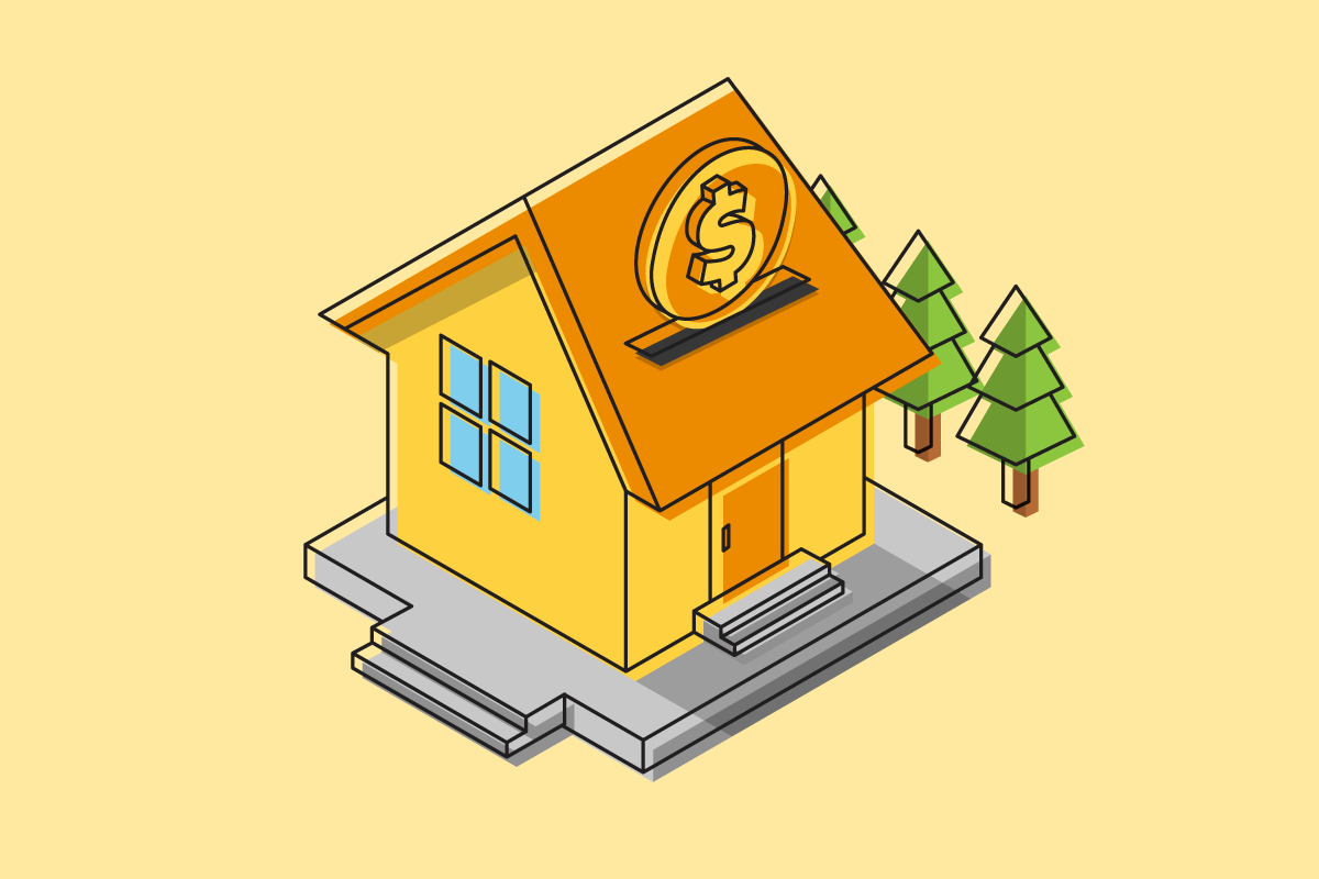 Illustration of coin dropping into a house like a piggy bank