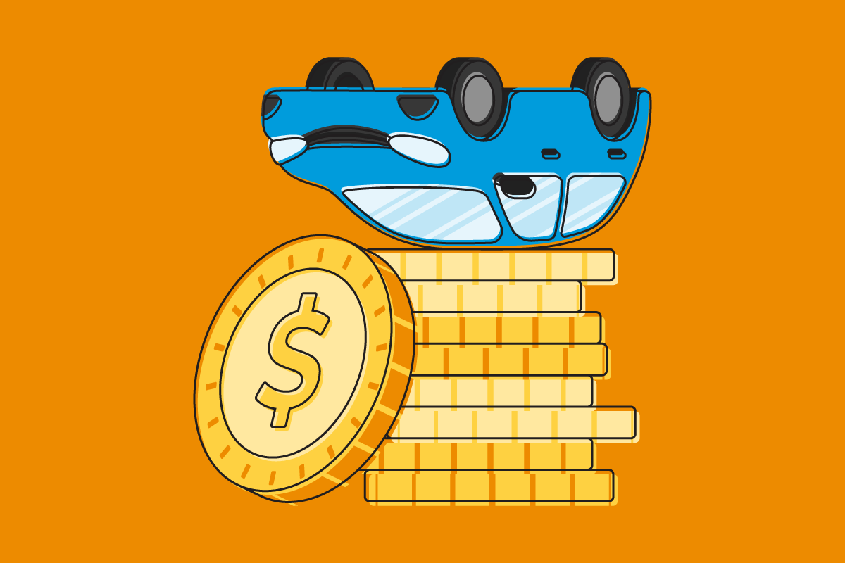 Upside down car on stack of coins illustration