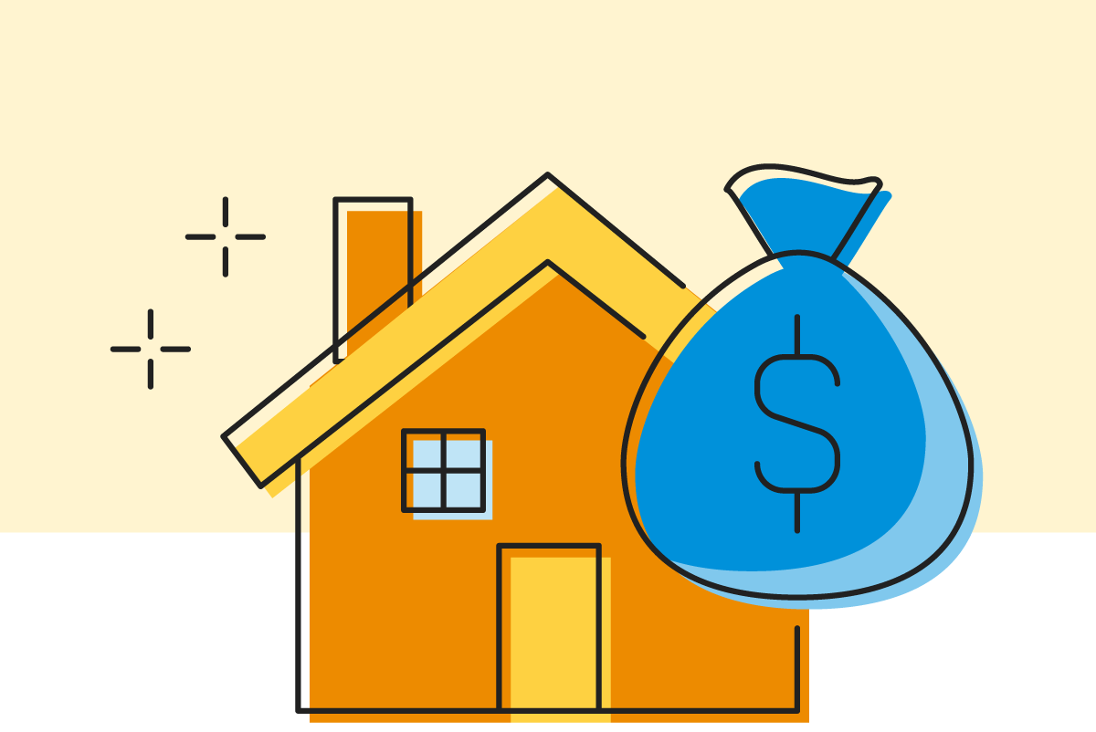 Illustrated house with money bag