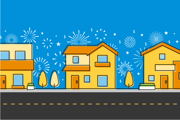 Illustration of houses with fireworks in the background