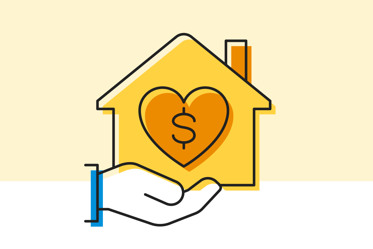 Illustration of a hand holding up a house with a heart and dollar sign