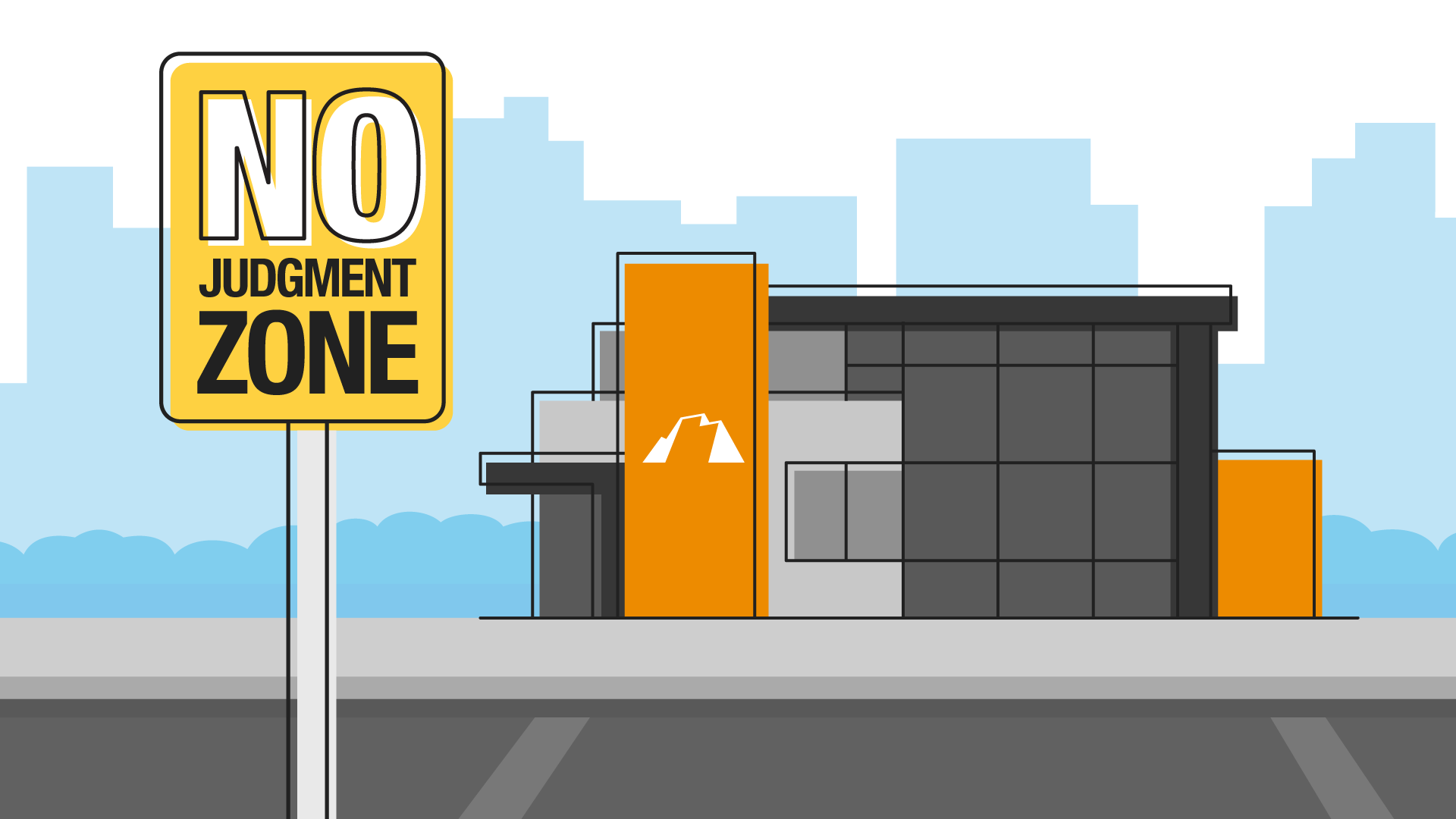 Illustration of Utah First Credit Union building with a sign reading NO JUDGEMENT ZONE