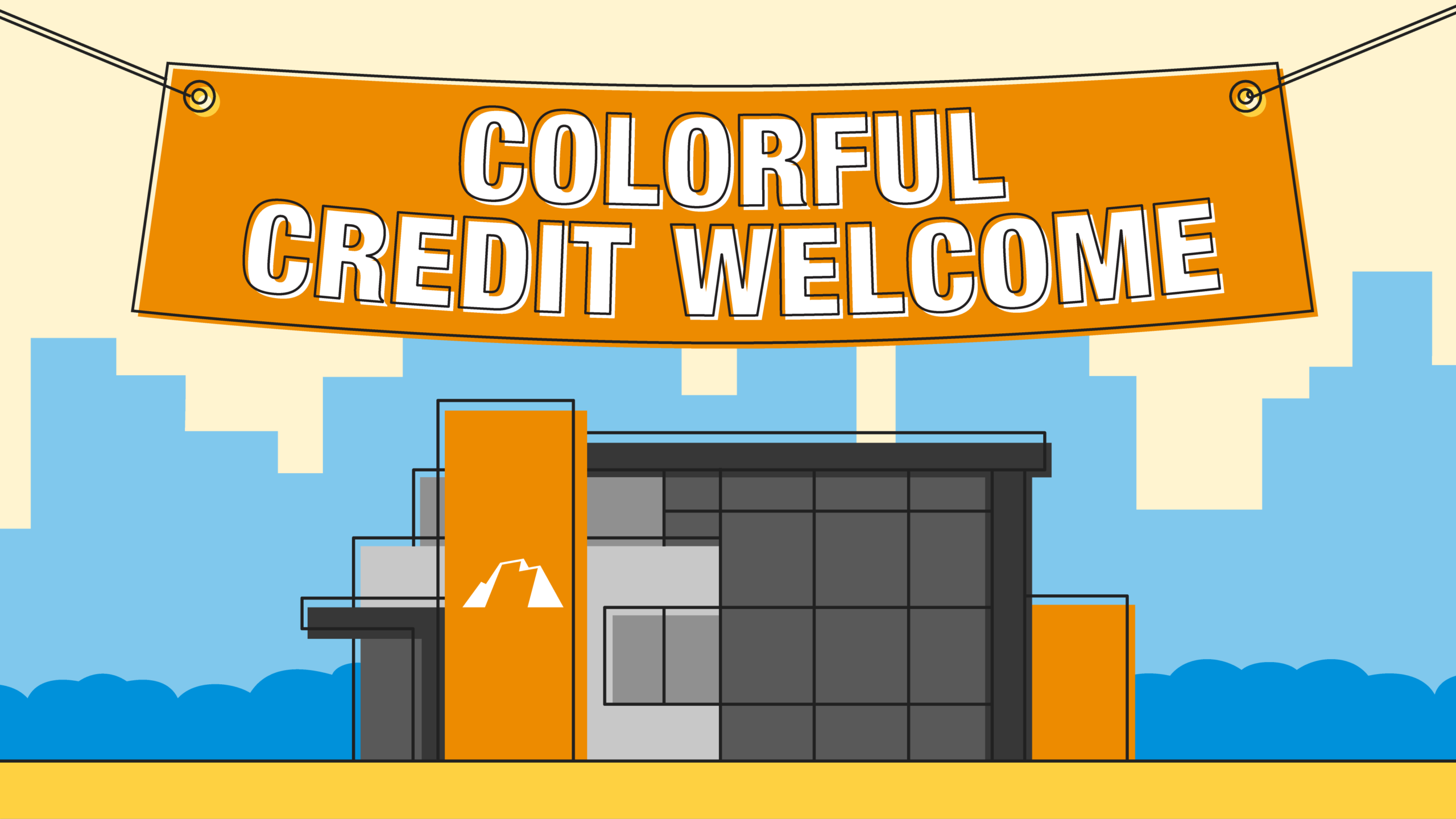 Illustration of Utah First Credit Union building with a sign reading NO JUDGEMENT ZONE